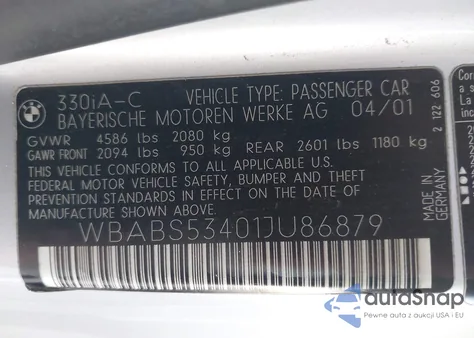 2001 BMW 330Ci z USA, uszkodzony, nr VIN WBABS53401JU86879